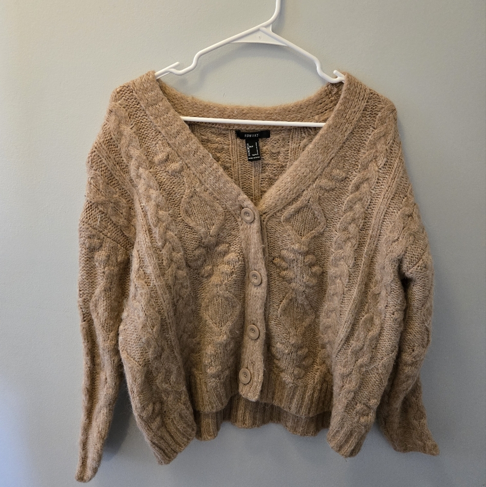 Forever 21 Fuzzy Cable Knit Button Front Cardigan Sweater